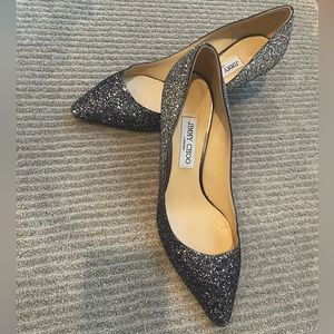 Jimmy Choo Romy blue glitter 60 inch heel.